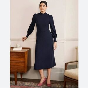 BODEN Cuffed Long Sleeve High Neck Jersey Midi Dress in Navy Size 16-18